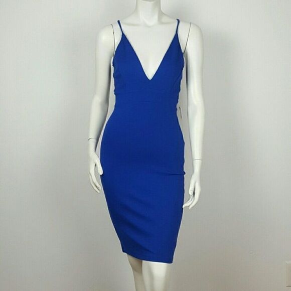 PRIVY Blue Sheath  Midi Dress With A Deep V Neck Small  - Picture 2 of 6